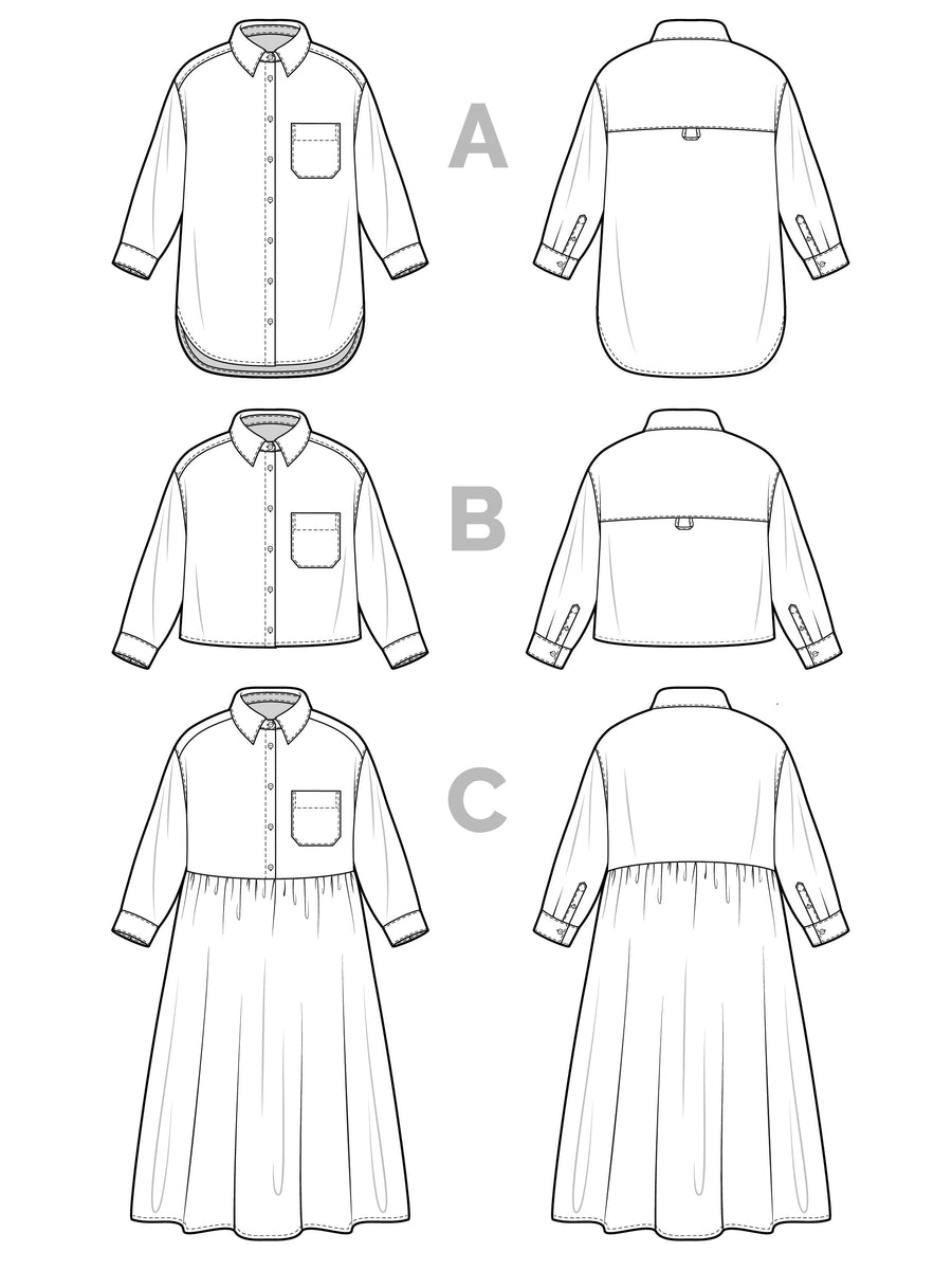Jenna Shirt +Shirtdress Pattern | Technical Flats | Closet Core Patterns