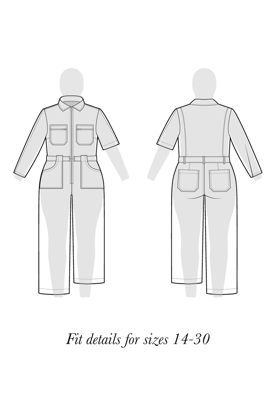 Blanca Flight Suit pattern / Boiler suit pattern from Closet Core Patterns - Technical drawings