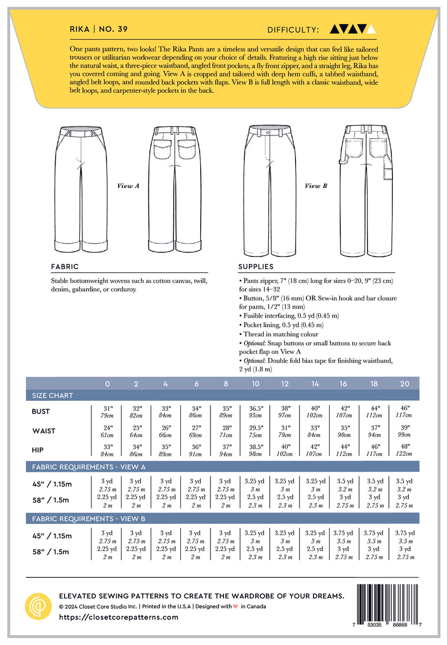 Rika Pants | Pattern Envelope | Closet Core Patterns