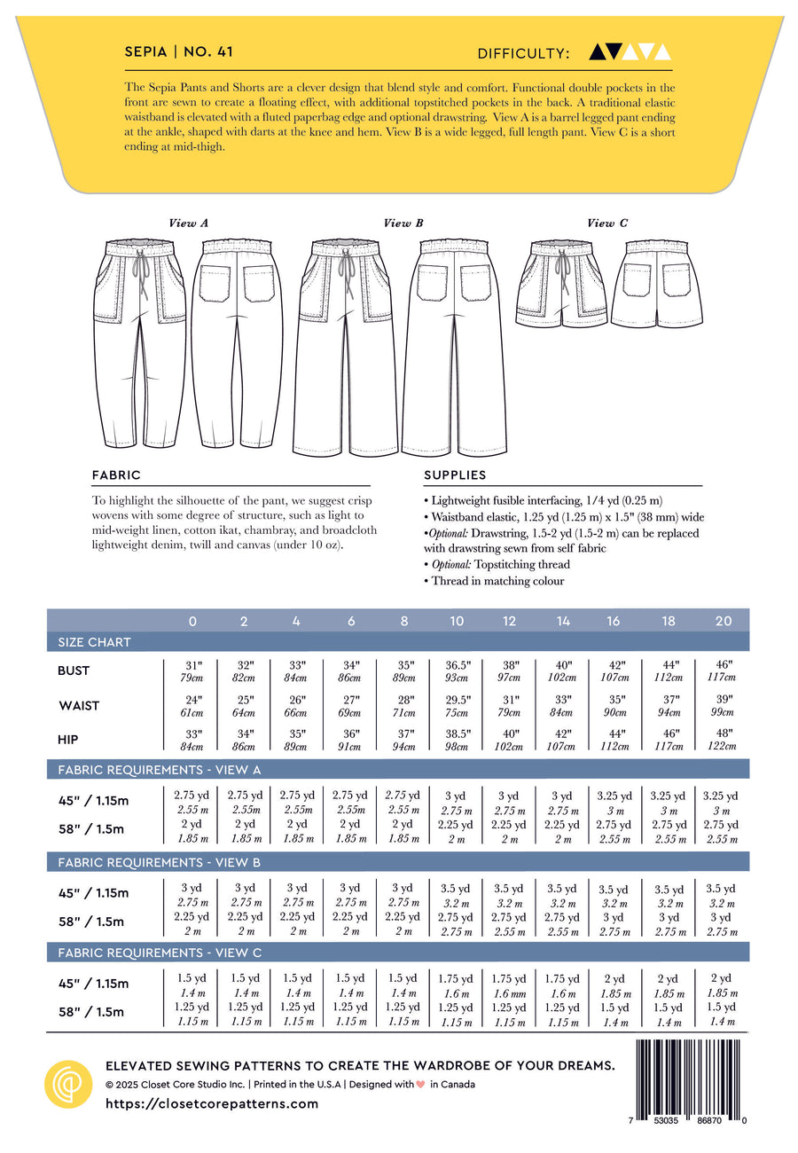 Sepia Pants + Shorts Pattern (WHOLESALE)