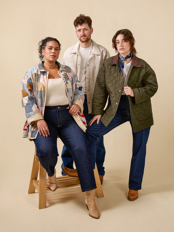 Sewn sample of the Fowler barn coat + quilted jacket sewing pattern by Closet Core Patterns in patchwork, cream and quilted olive.