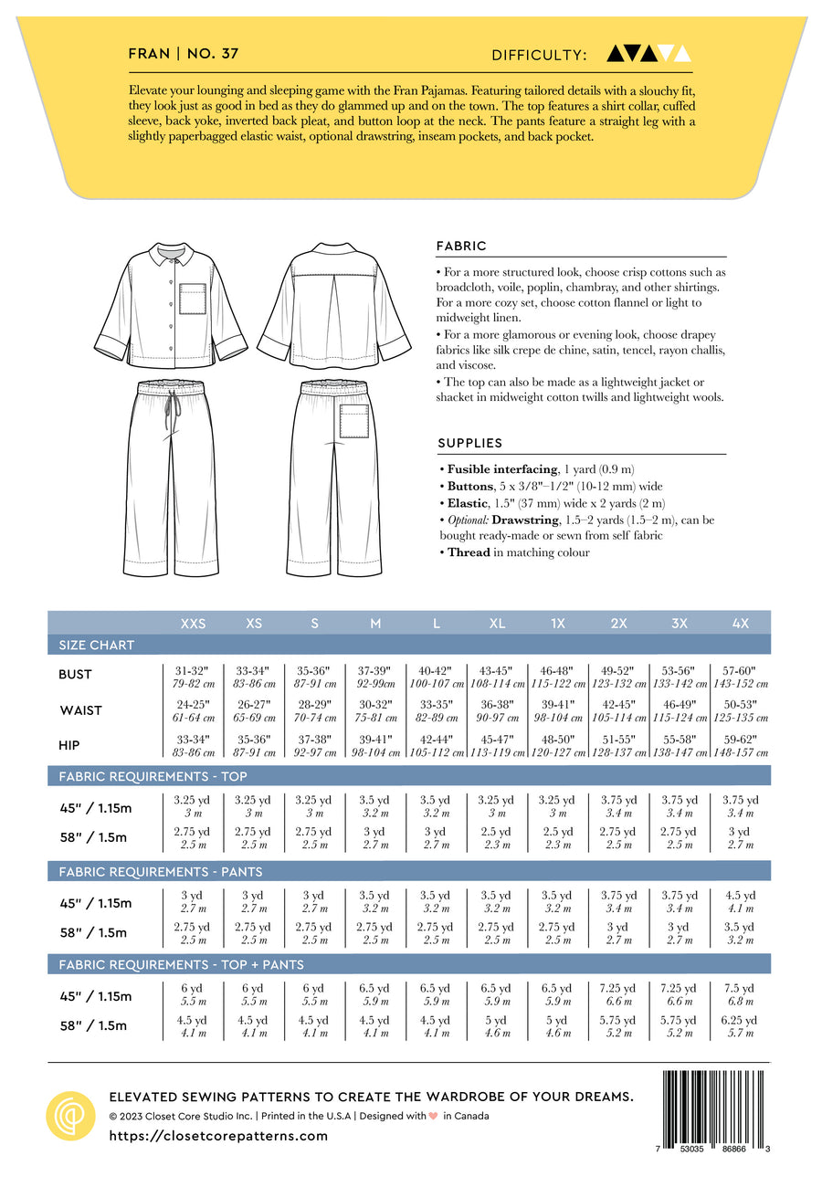 Fran Pajamas | Plus Size Pajama Bottom + Pajama Top | Back Envelope | Closet Core Patterns
