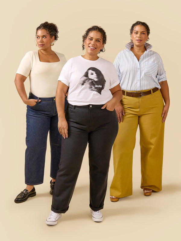 Plus-size sewn sample of the Frank jeans sewing pattern by Closet Core Patterns in indigo, black and mustard, three leg styles.