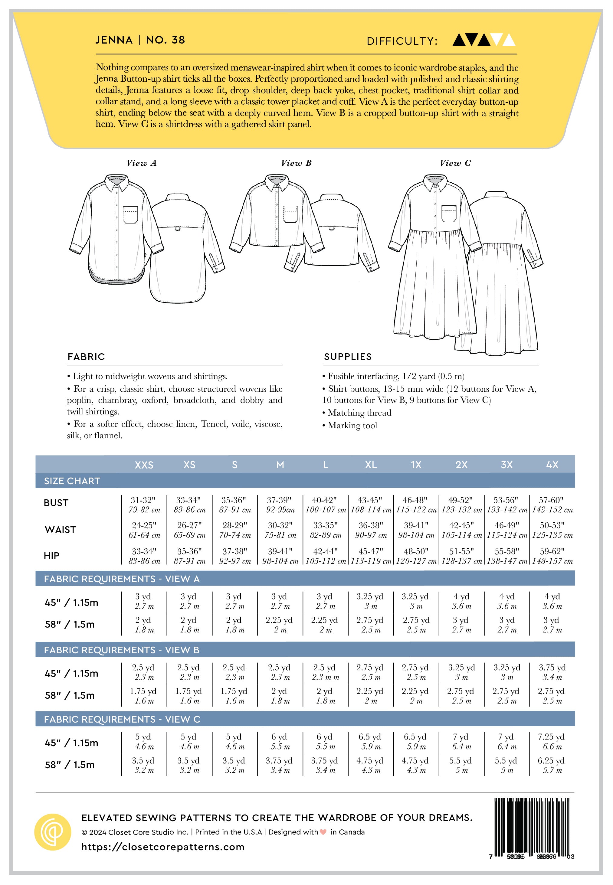 Jenna Shirt +Shirtdress Pattern | Back Envelope | Closet Core Patterns