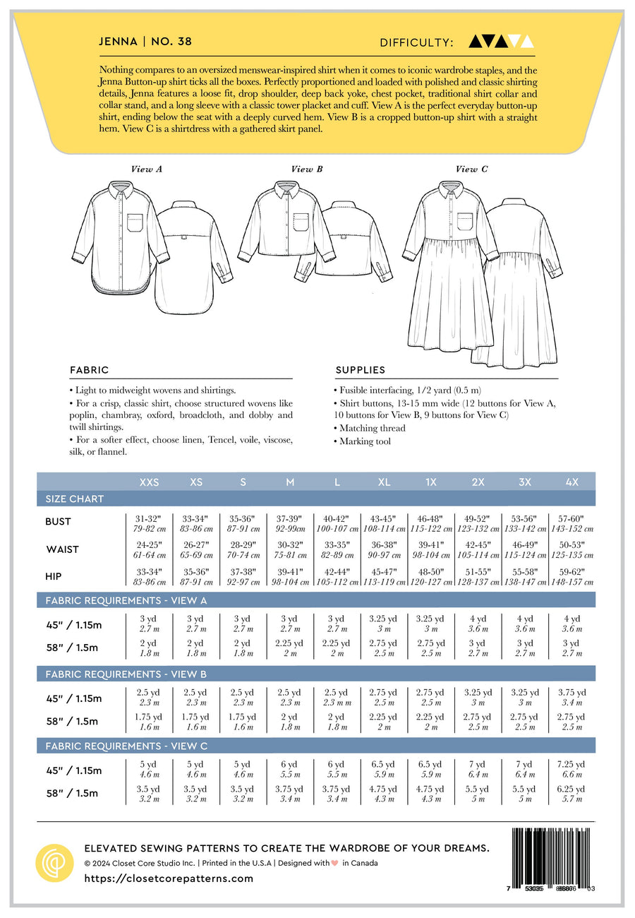 Jenna Shirt +Shirtdress Pattern | Back Envelope | Closet Core Patterns