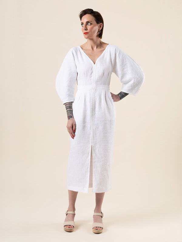 Sewn sample of the Jo Dress + Jumpsuit sewing pattern by Closet Core Patterns in white linen, front view with croissant sleeves.