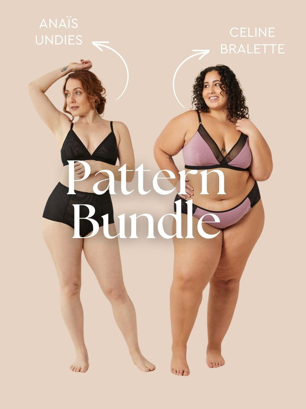 Pattern bundle graphic for the Anaïs undies + Céline bralette sewing patterns by Closet Core Patterns, in black and mauve.