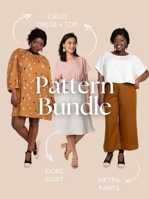 Rome Collection bundle cover from Closet Core Patterns with the Cielo dress + top, Fiore skirt and Pietra pants sewing patterns.