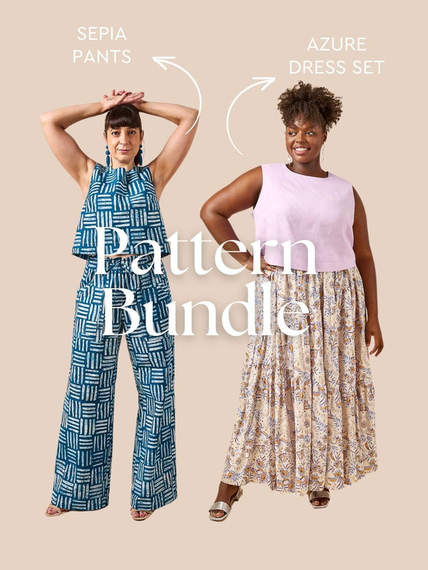 Azure dress and Sepia pants sewing patterns bundle by Closet Core Patterns, with a printed top and pants and a lilac top with tiered skirt.