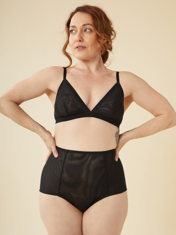 Sewn sample of the Anaïs undies sewing pattern by Closet Core Patterns, high-rise paneled brief in black mesh, front view.