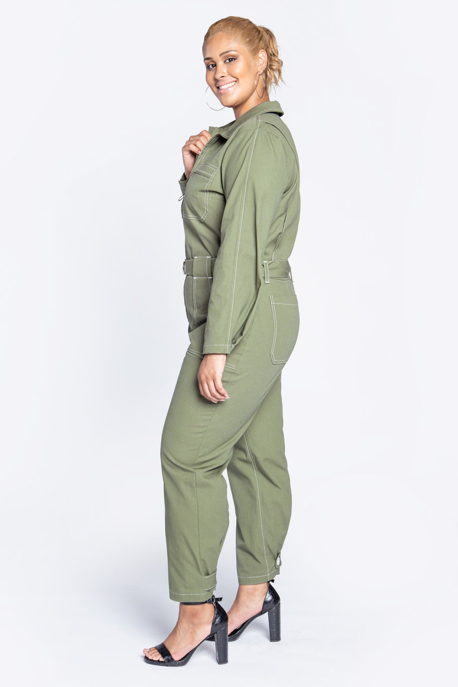 Labelrail x Pose and Repeat belted boiler suit in forest green with pink  contrast stitch | ASOS