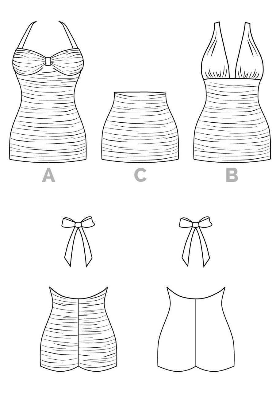 Bombshell swimsuit pattern // Technical flats // Closet Core Patterns