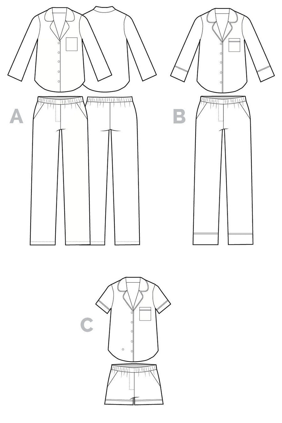 Carolyn Pajama pattern // Technical flats // Closet Core Patterns