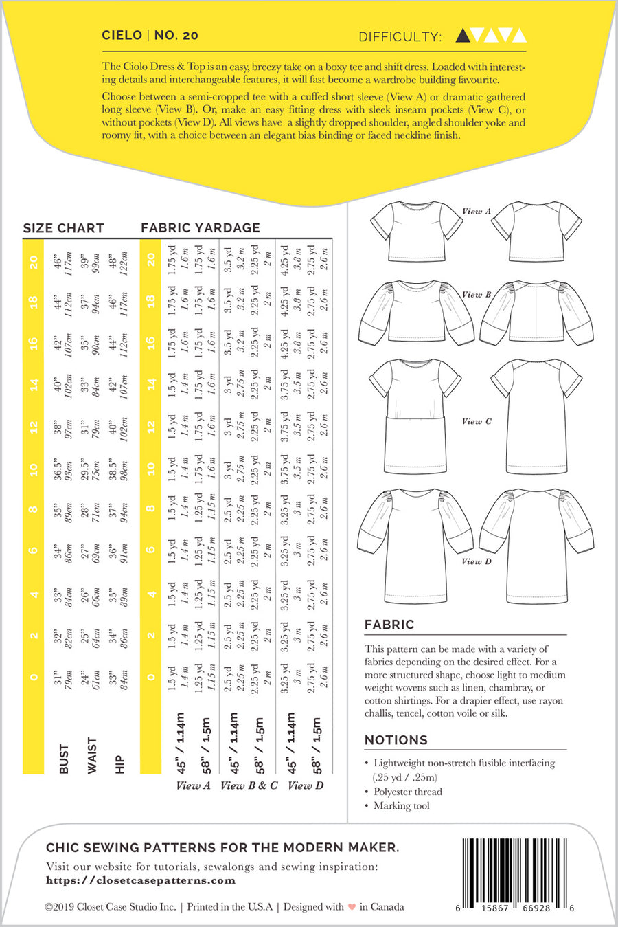 Cielo Top & Dress Sewing Pattern - Envelope back | Closet Core Patterns