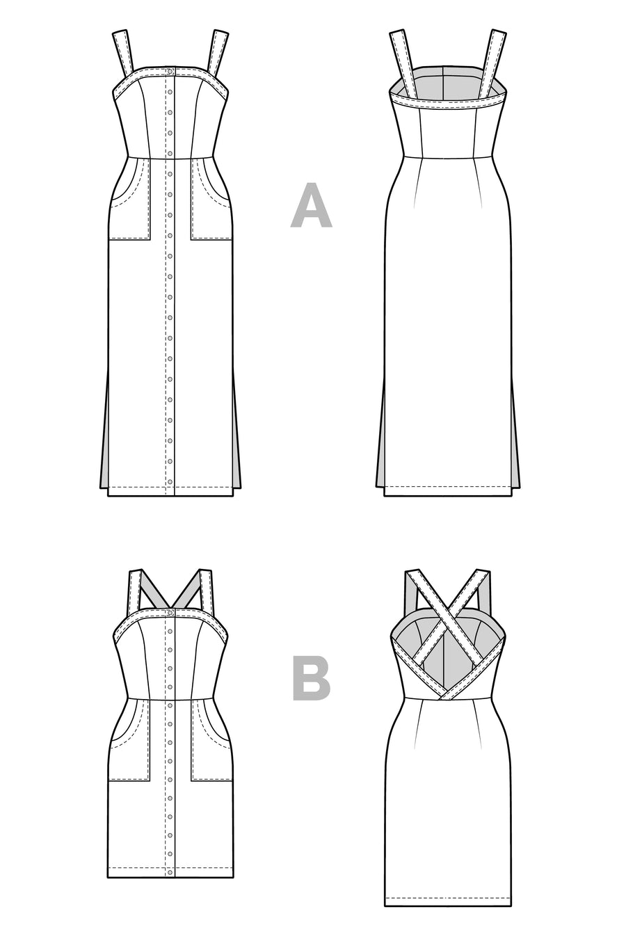 Fiona Sundress Pattern Technical flats //  Summer dress pattern with two bodice and three skirt options // Closet Core Patterns