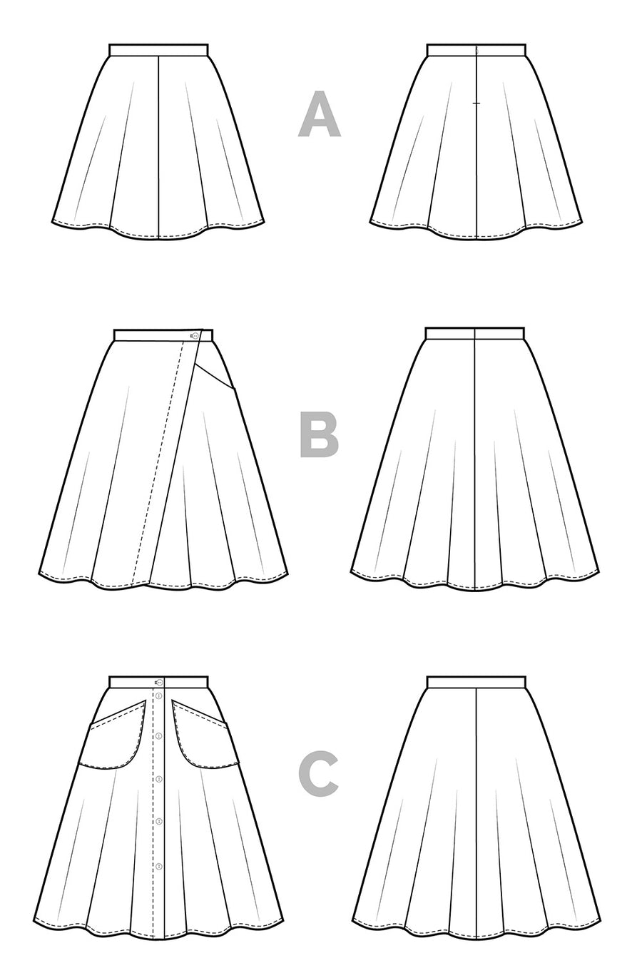 Fiore Skirt Sewing Pattern - Flared A-line skirt pattern - Technical Flats | Closet Core Patterns