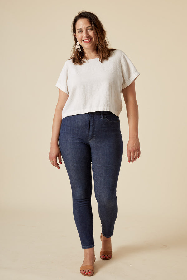 Sewn sample of the Ginger jeans sewing pattern by Closet Core Patterns in dark indigo stretch denim, high rise skinny leg, front view.