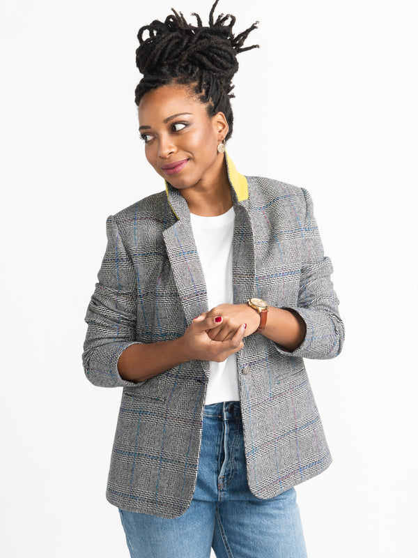 Sewn sample of the Jasika blazer sewing pattern by Closet Core Patterns in grey plaid with notched collar and yellow undercollar.