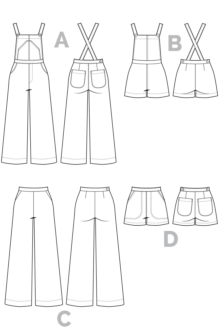 Jenny Overalls, trousers & Shorts Pattern | Technical Flats // from Closet Core Patterns