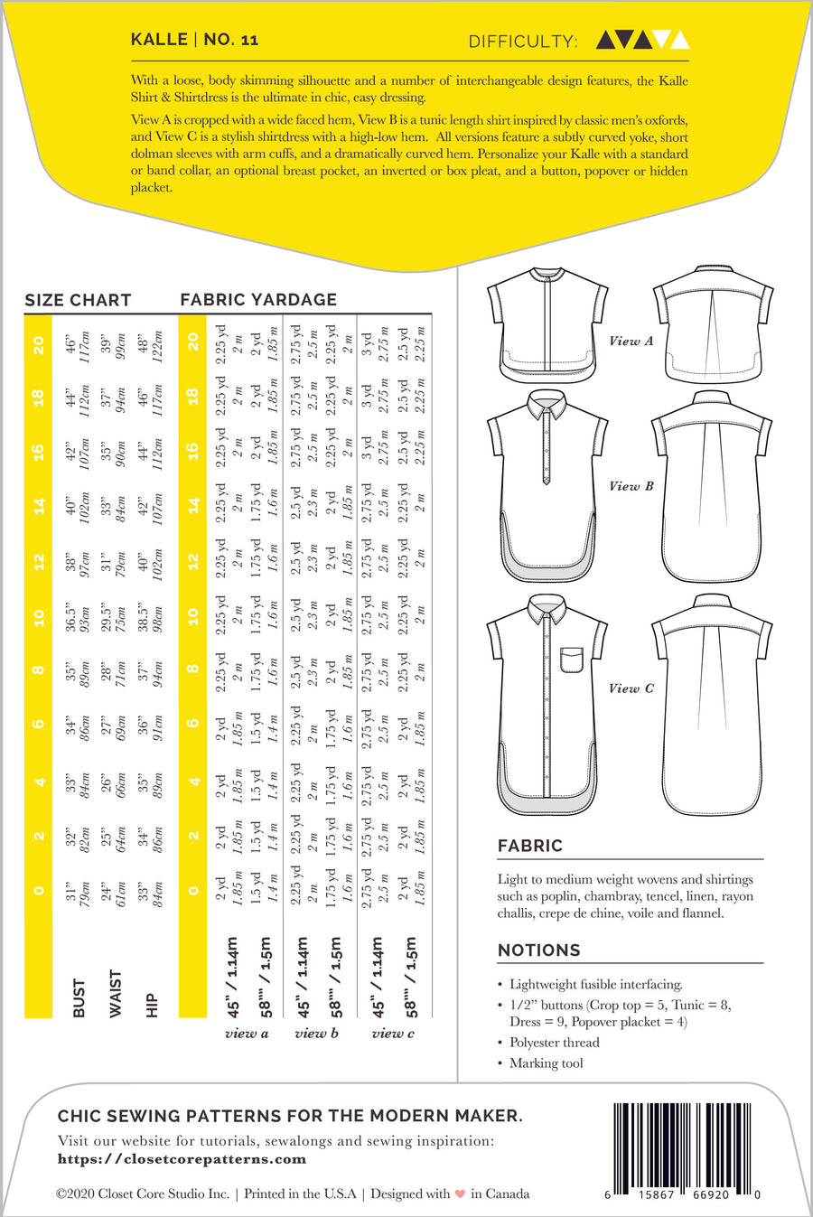 Kalle Shirt + Shirt-Dress Pattern // Pattern Envelope Back // Closet Core Patterns
