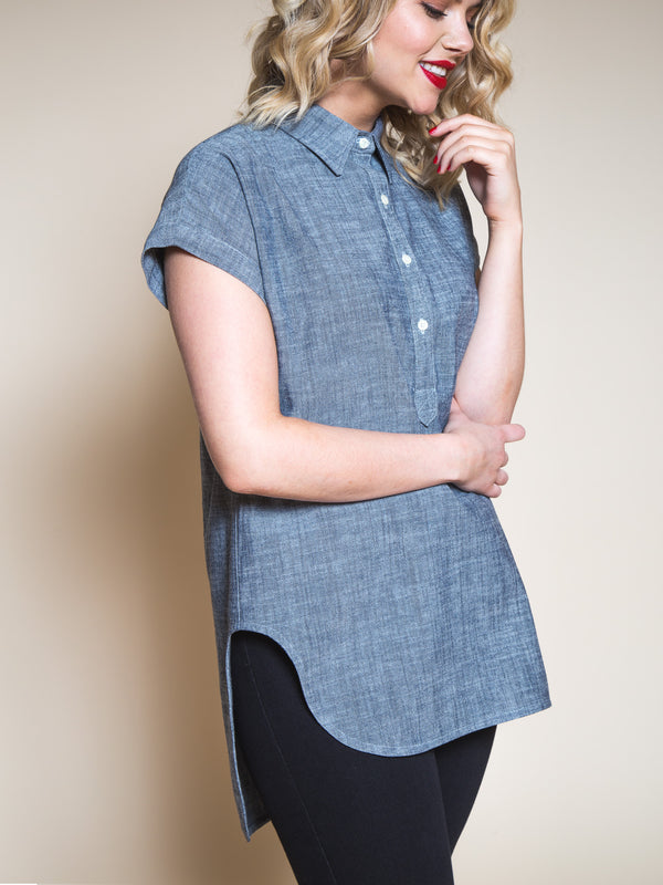 Sewn sample of the Kalle shirt + shirtdress sewing pattern by Closet Core Patterns in blue chambray, tunic with half placket.