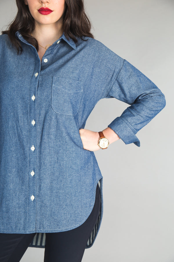 Sewn sample of the Kalle Shirtdress Sleeve Expansion sewing pattern by Closet Core Patterns in blue chambray, drop sleeve and folded cuff.