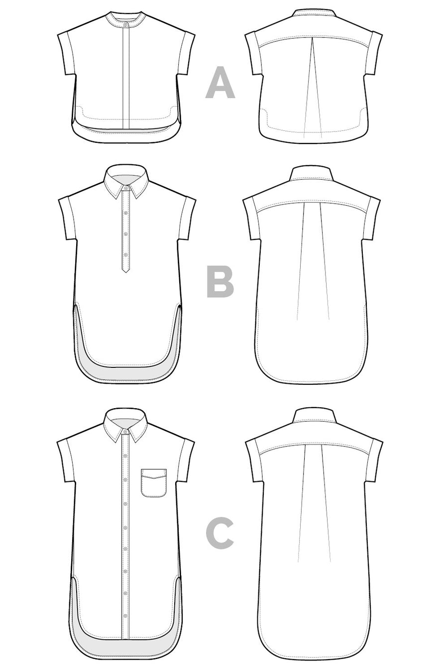 Kalle Shirt + Shirt-Dress Pattern // Technical Flats // Closet Core Patterns