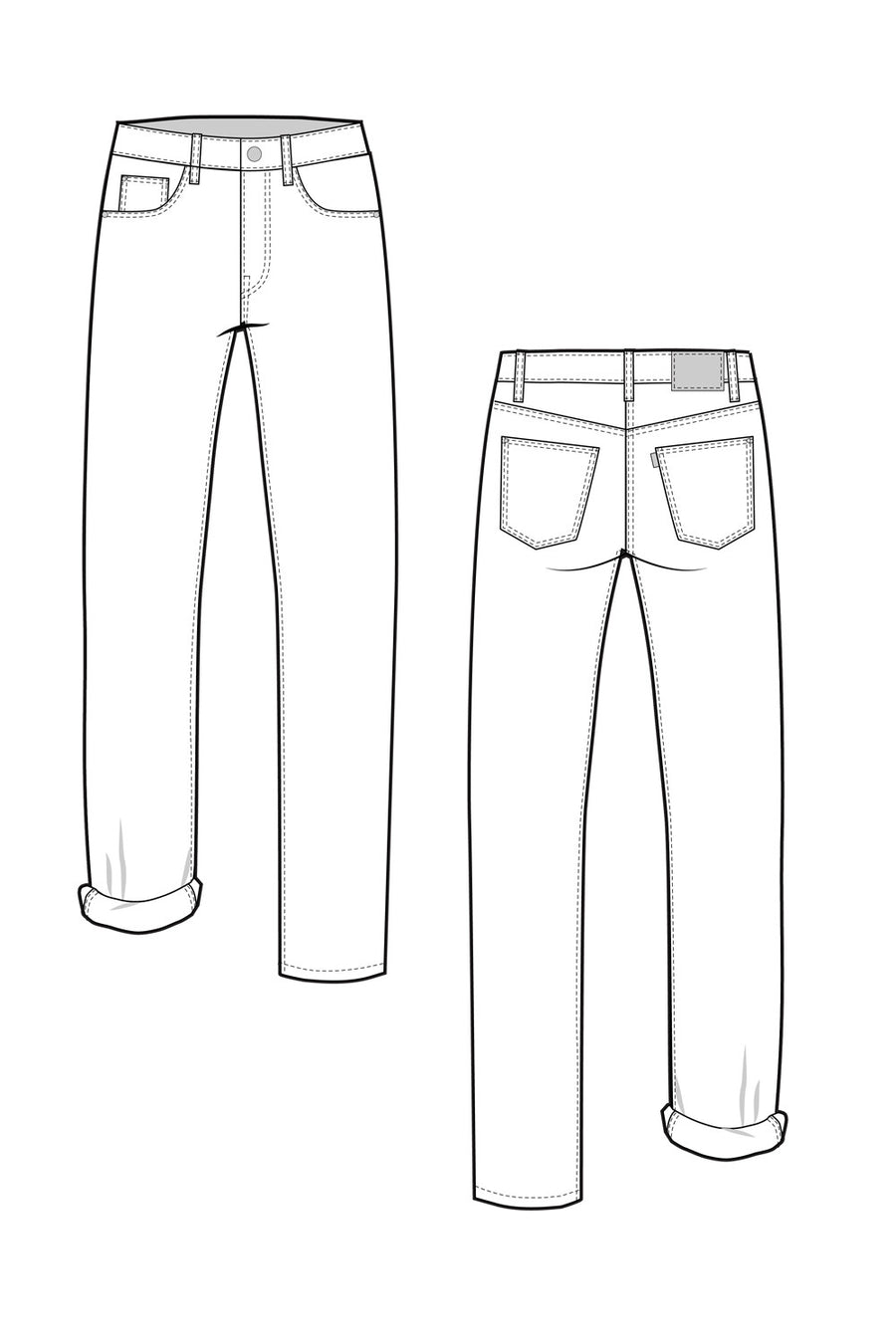 Denim Pant flat sketch design template. Men's denim long pant