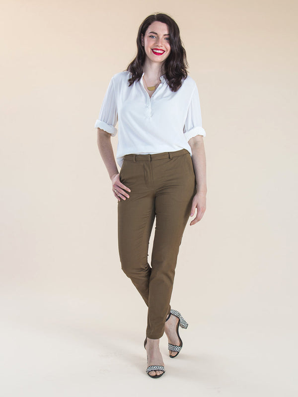 Sewn sample of the Sasha trouser sewing pattern by Closet Core Patterns in olive brown, front view with contour waistband.