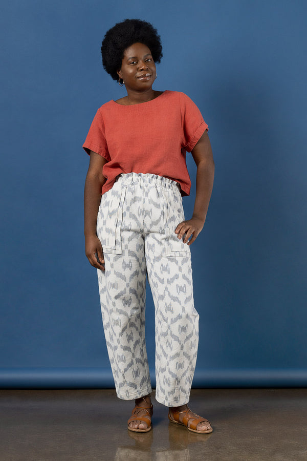 Sewn sample of the Sepia pants + shorts sewing pattern by Closet Core Patterns in grey and white ikat, front view with paperbag waist.