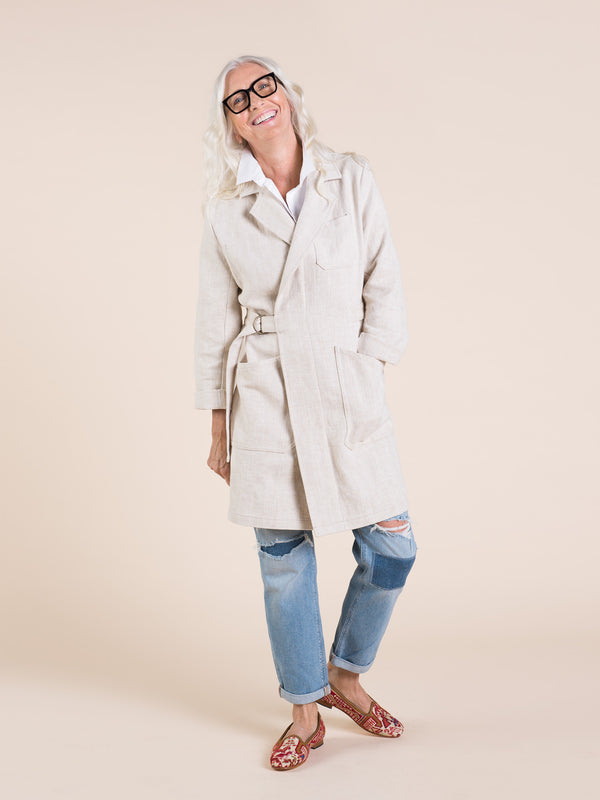 Sewn sample of the Sienna maker jacket sewing pattern by Closet Core Patterns in natural linen, front view with belted waist and patch pockets.