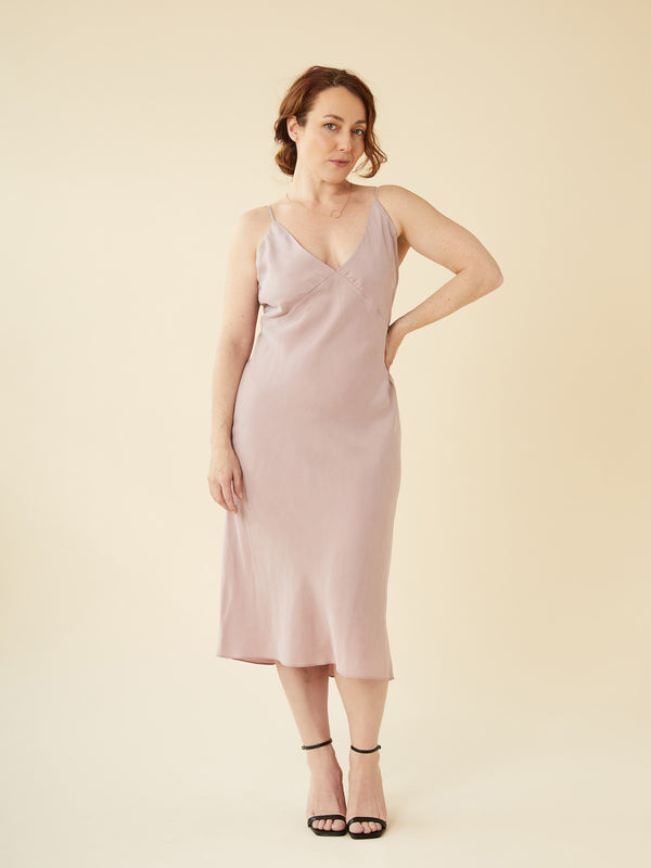 Sewn sample of the Simone slip dress + camisole sewing pattern by Closet Core Patterns in coral watercolour print, front view.